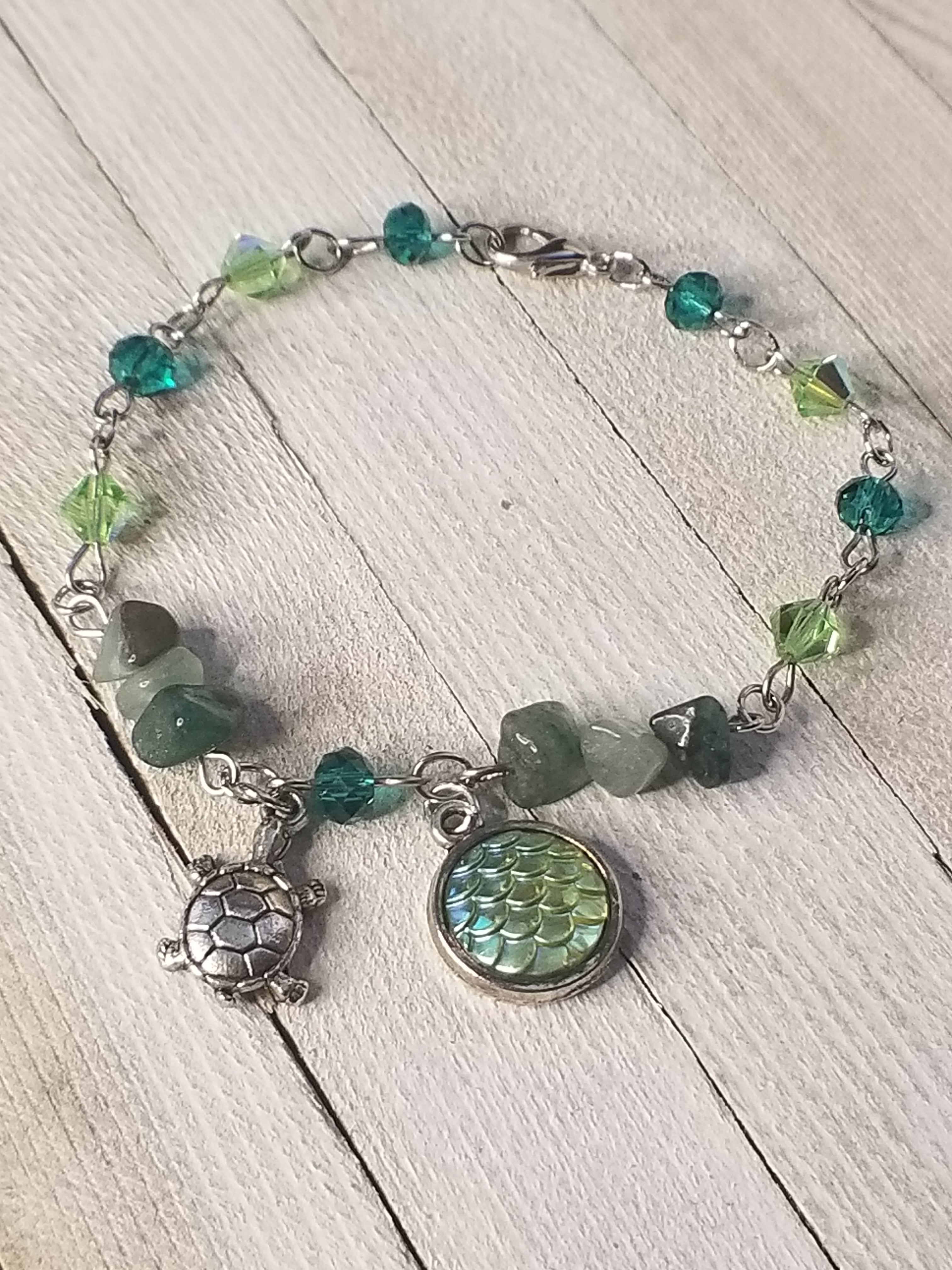 Sea Turtle and Green Aventurine Charm Bracelet