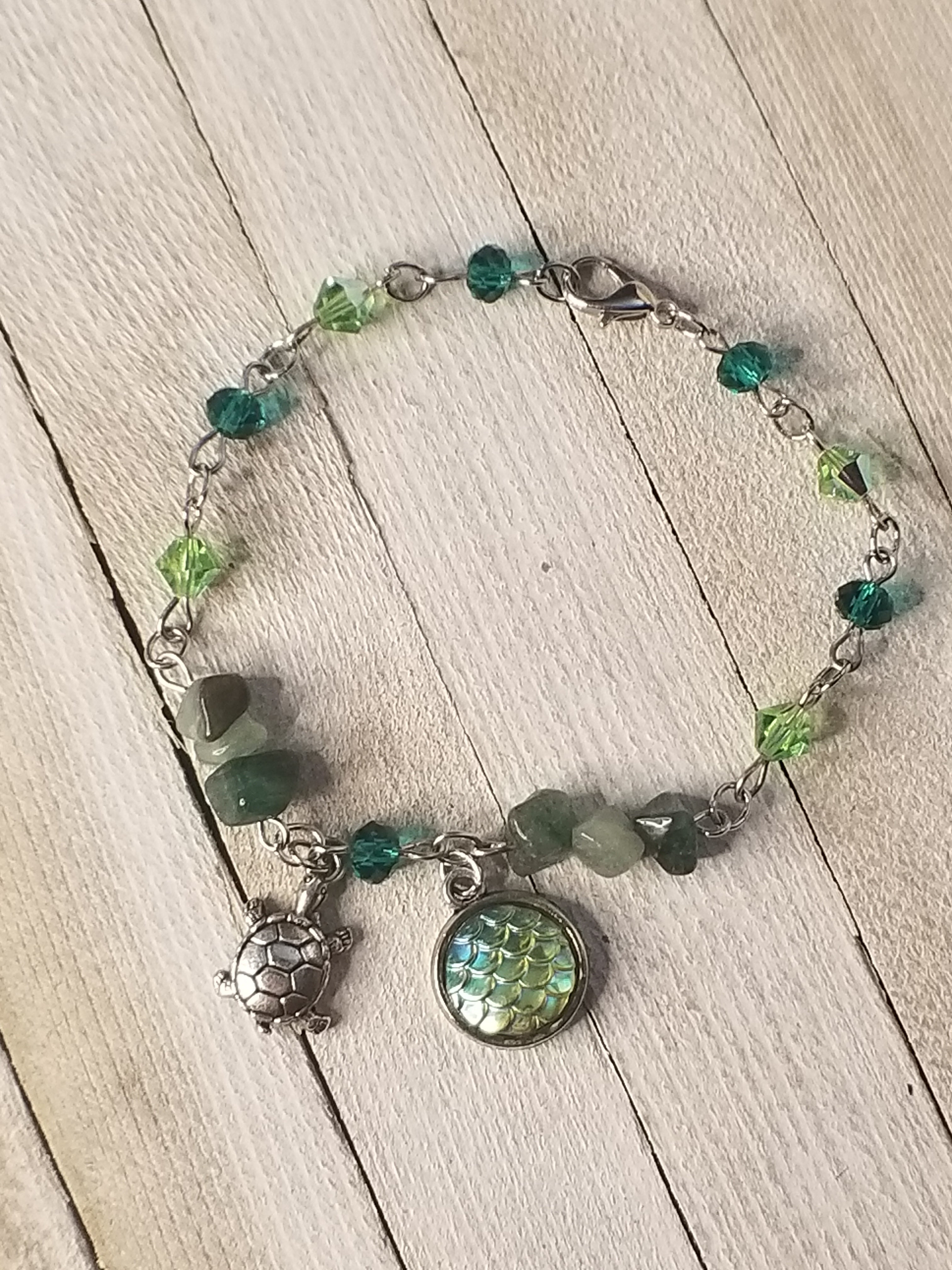 Sea Turtle and Green Aventurine Charm Bracelet