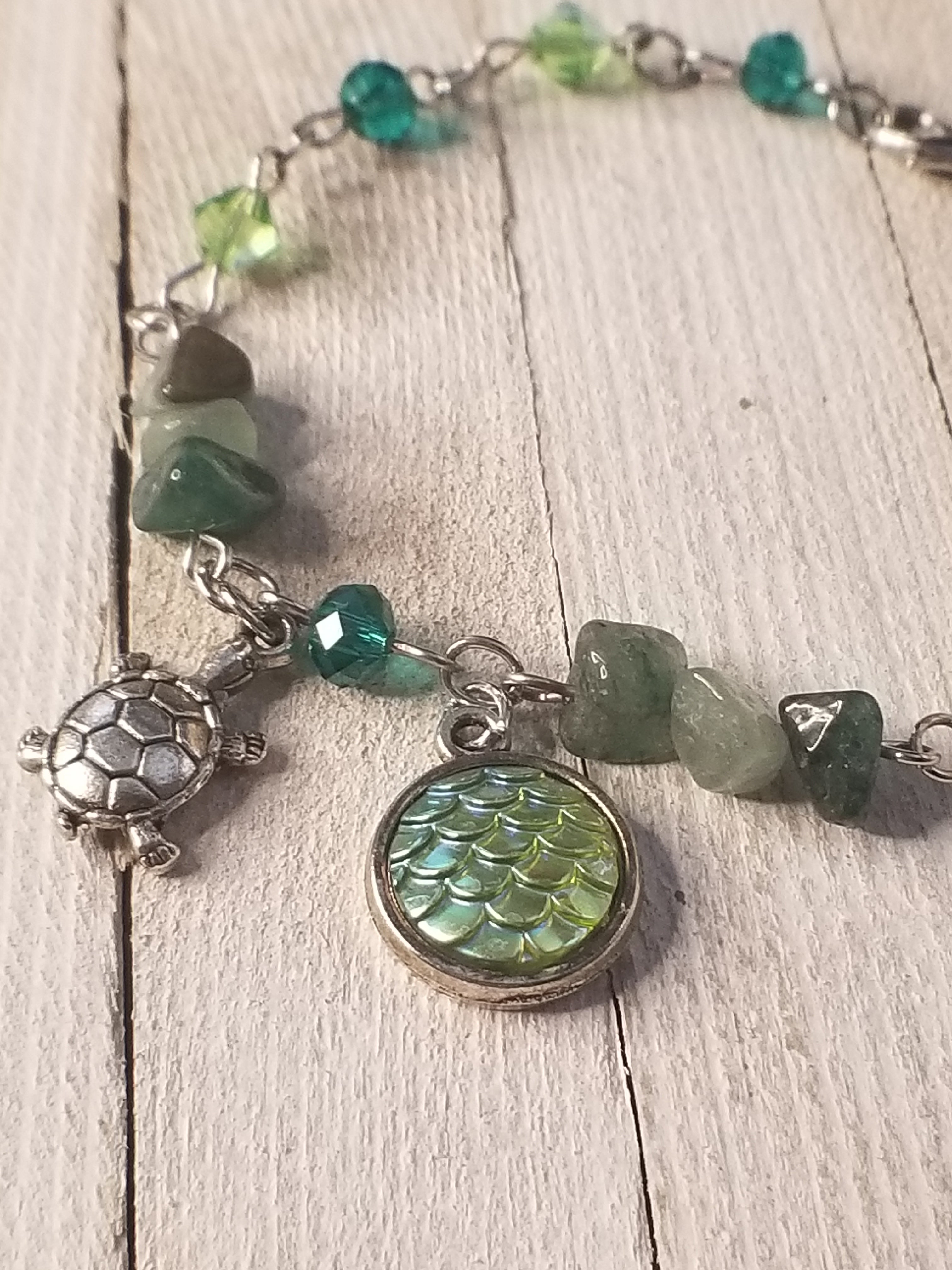 Sea Turtle and Green Aventurine Charm Bracelet