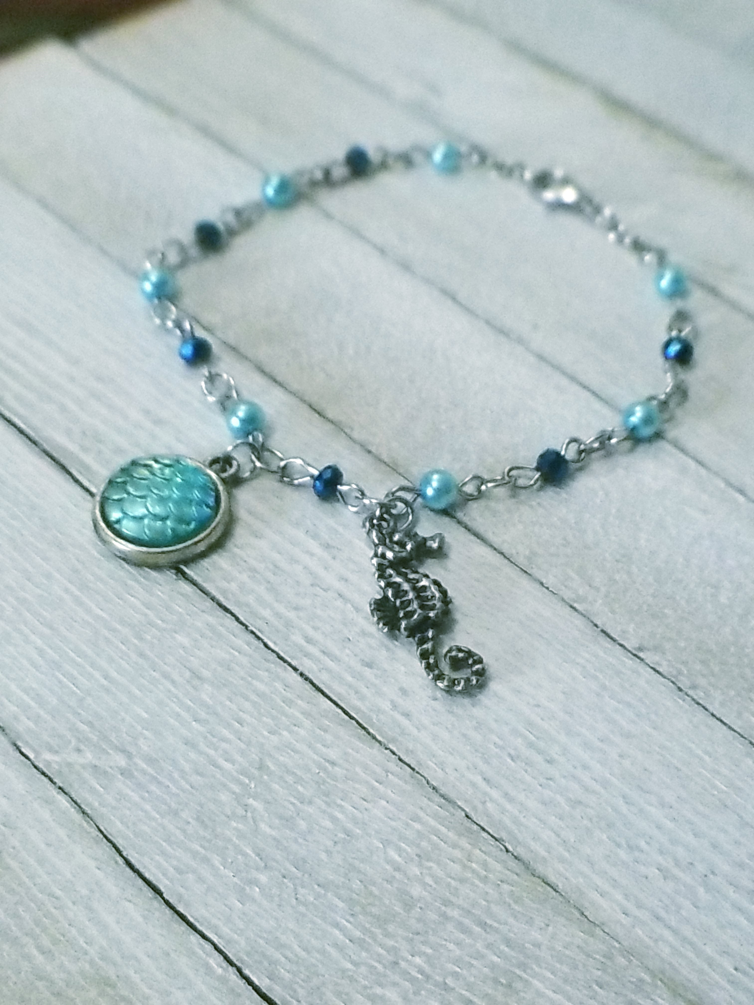 Blue Mermaid Scale and Seahorse Charm Bracelet