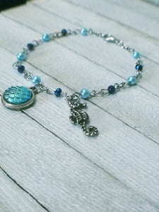 Blue Mermaid Scale and Seahorse Charm Bracelet